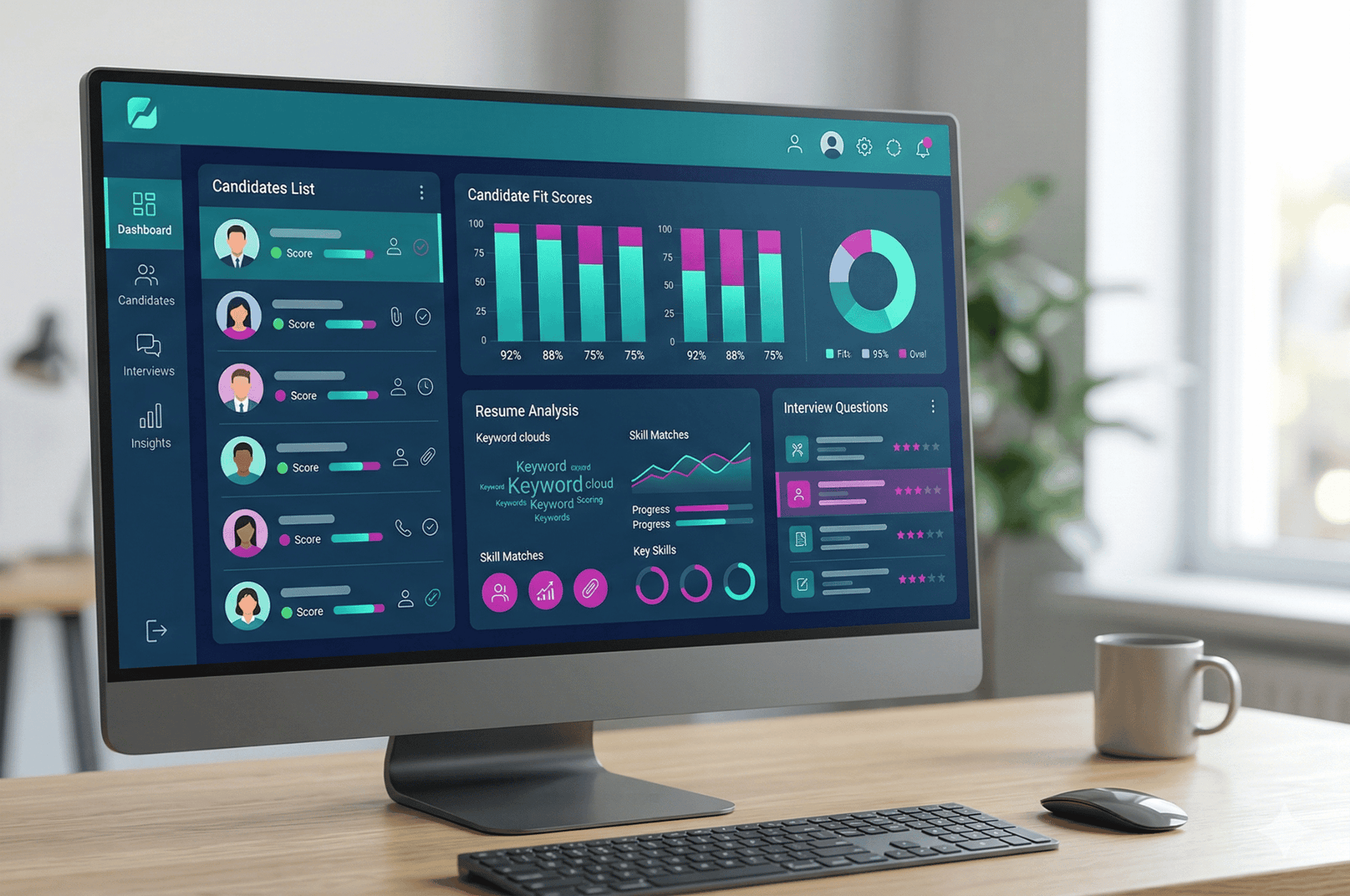 AI-powered candidate screening dashboard showing fit scores, resume analysis, and interview questions