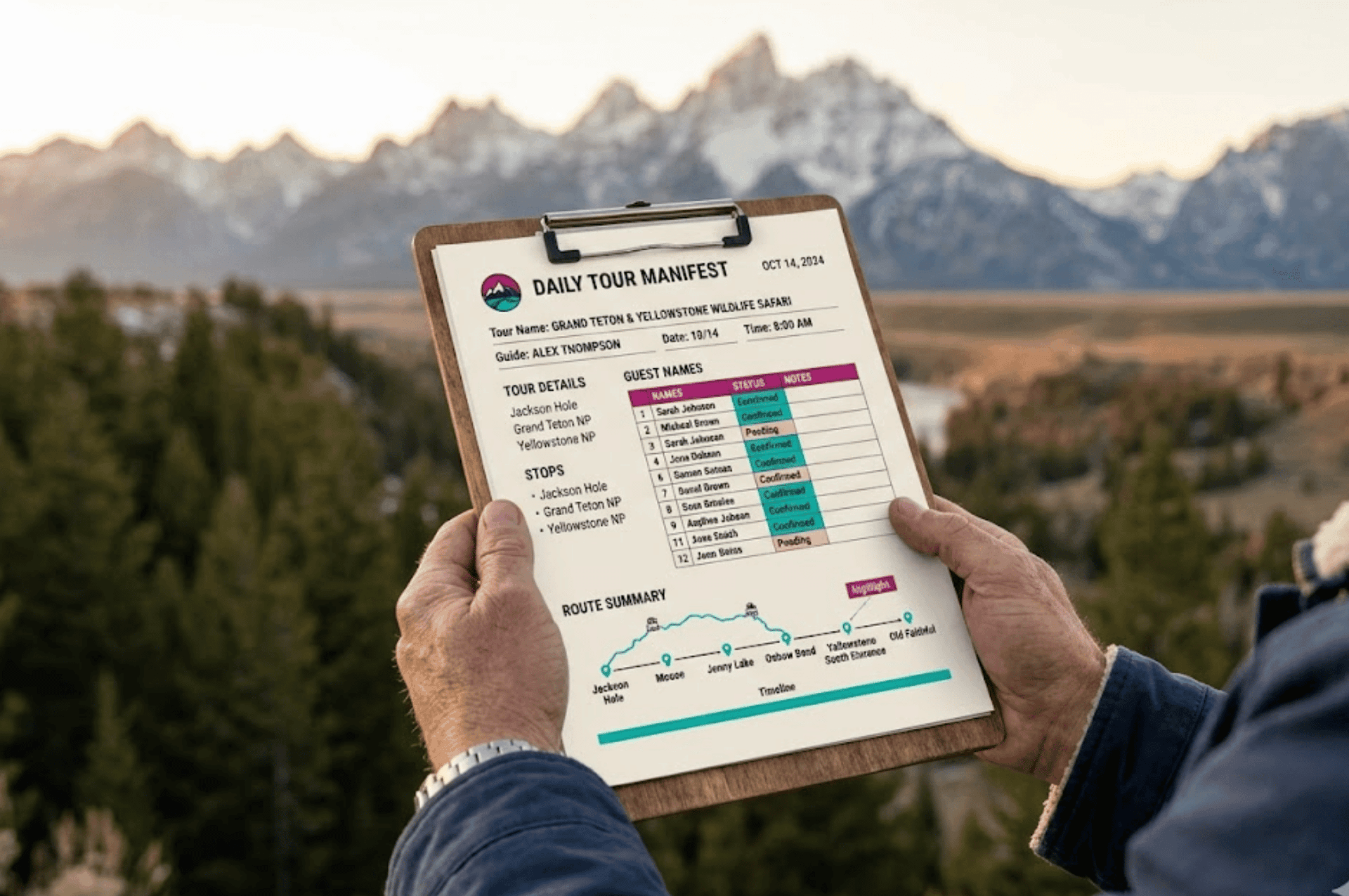 Tour guide holding a professionally formatted daily tour manifest with Grand Teton mountains in the background